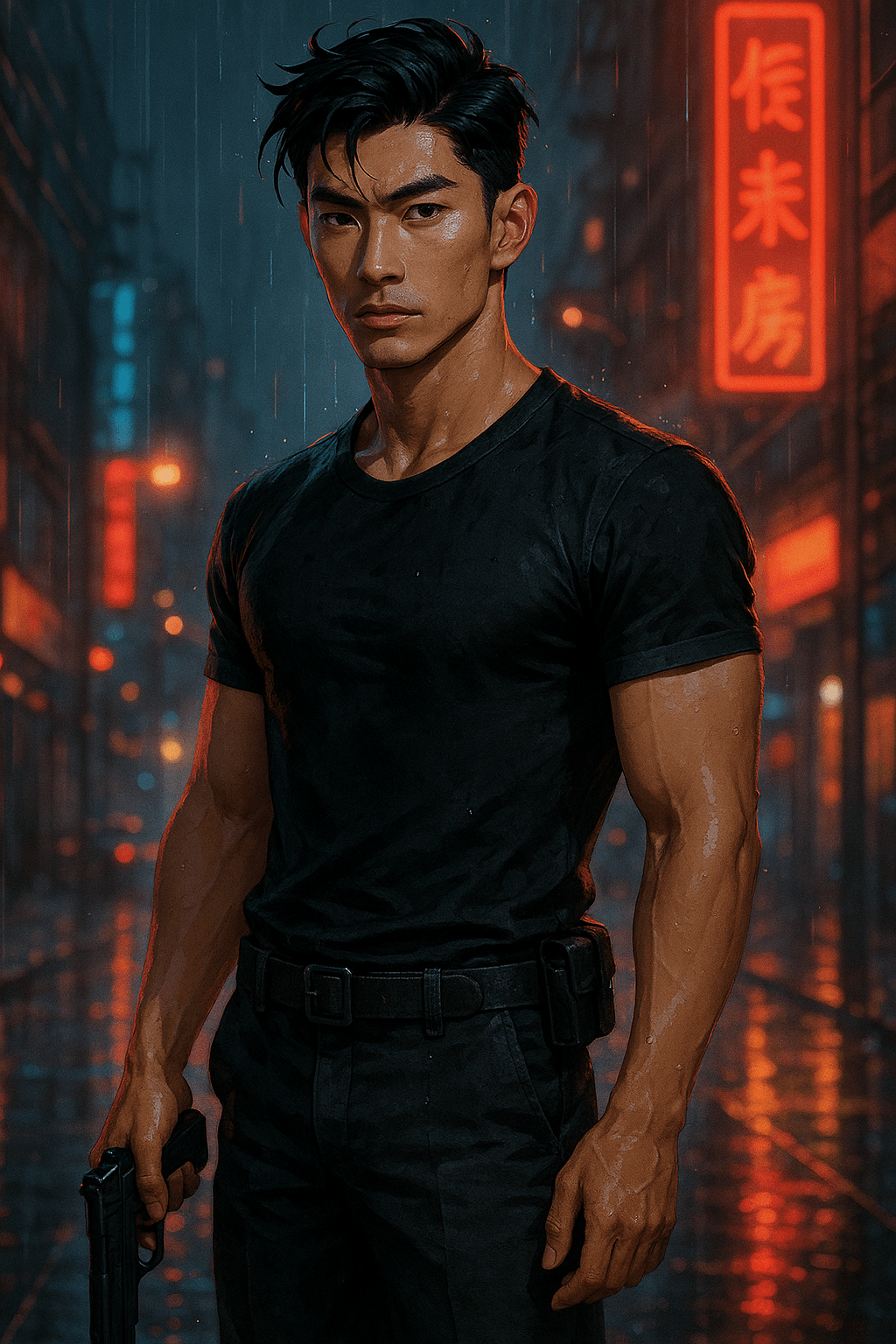 Kenji Roen, a conflicted corporate enforcer with sharp features and a hidden medallion