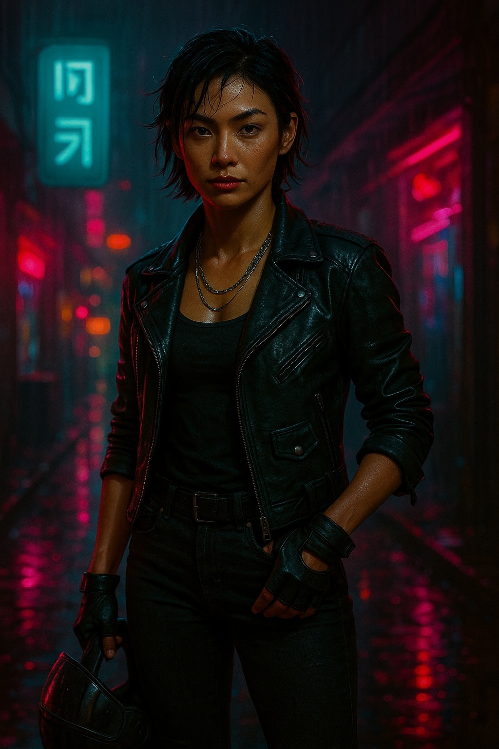 Nok, a street-smart courier with short dark hair and intense eyes